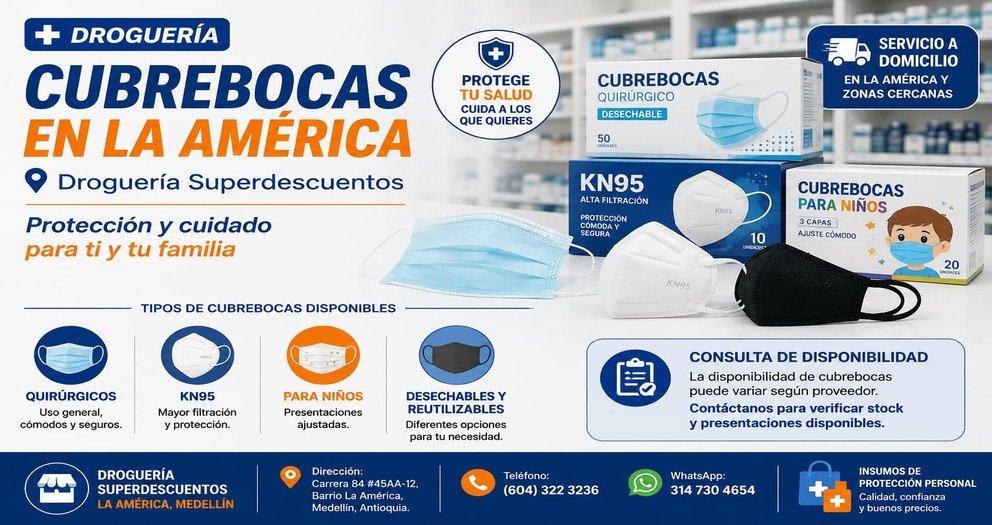 Cubrebocas disponibles en Droguería Superdescuentos La América, Medellín - Insumos de protección personal